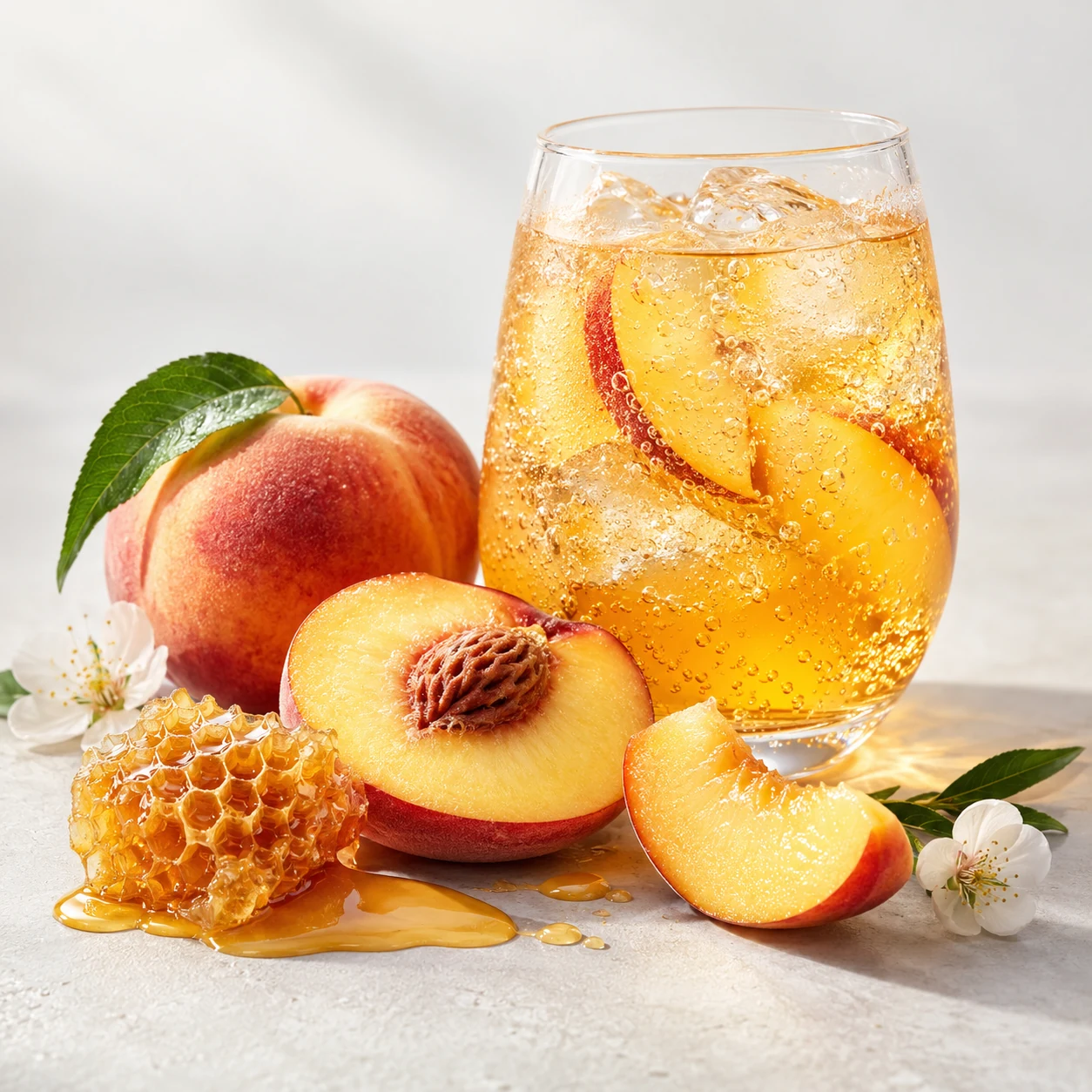 Illustrative honey peach soda flavor composition