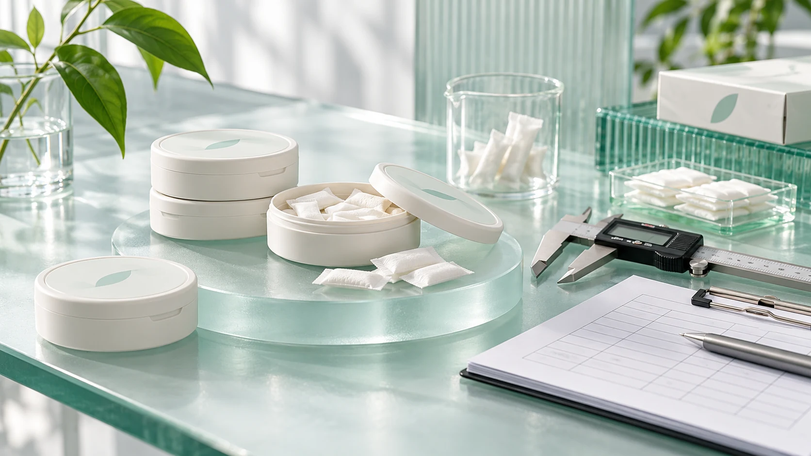 Illustrative oral pouch quality documentation and sample review scene