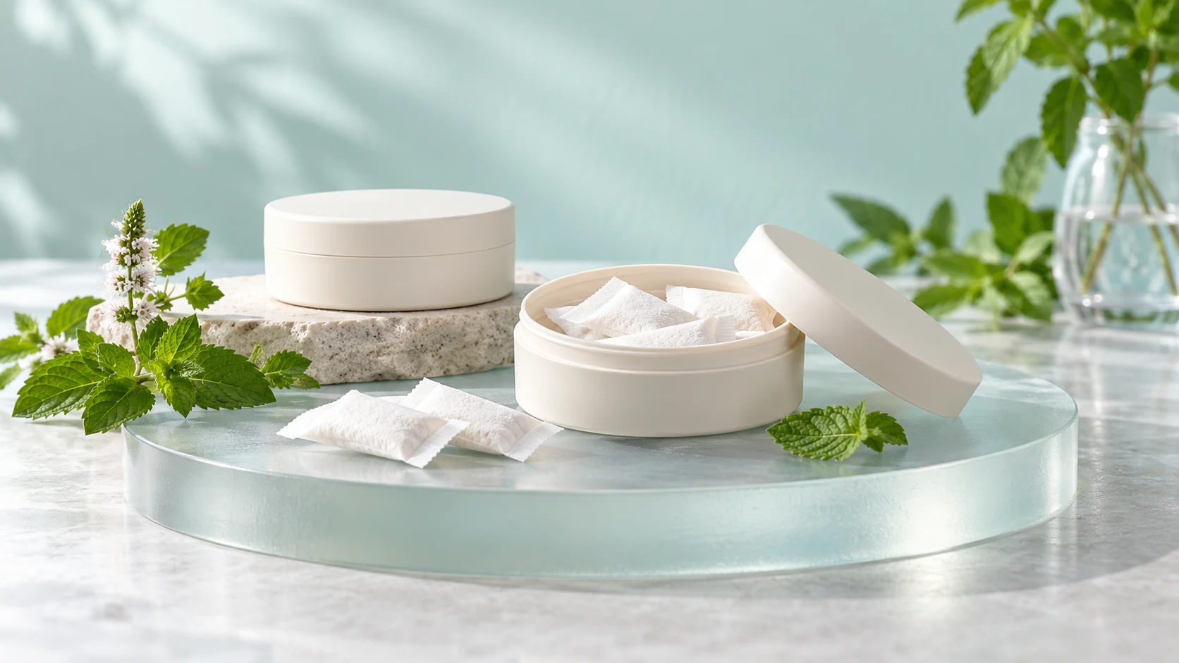 Illustrative fluoride-free oral care pouch sample scene
