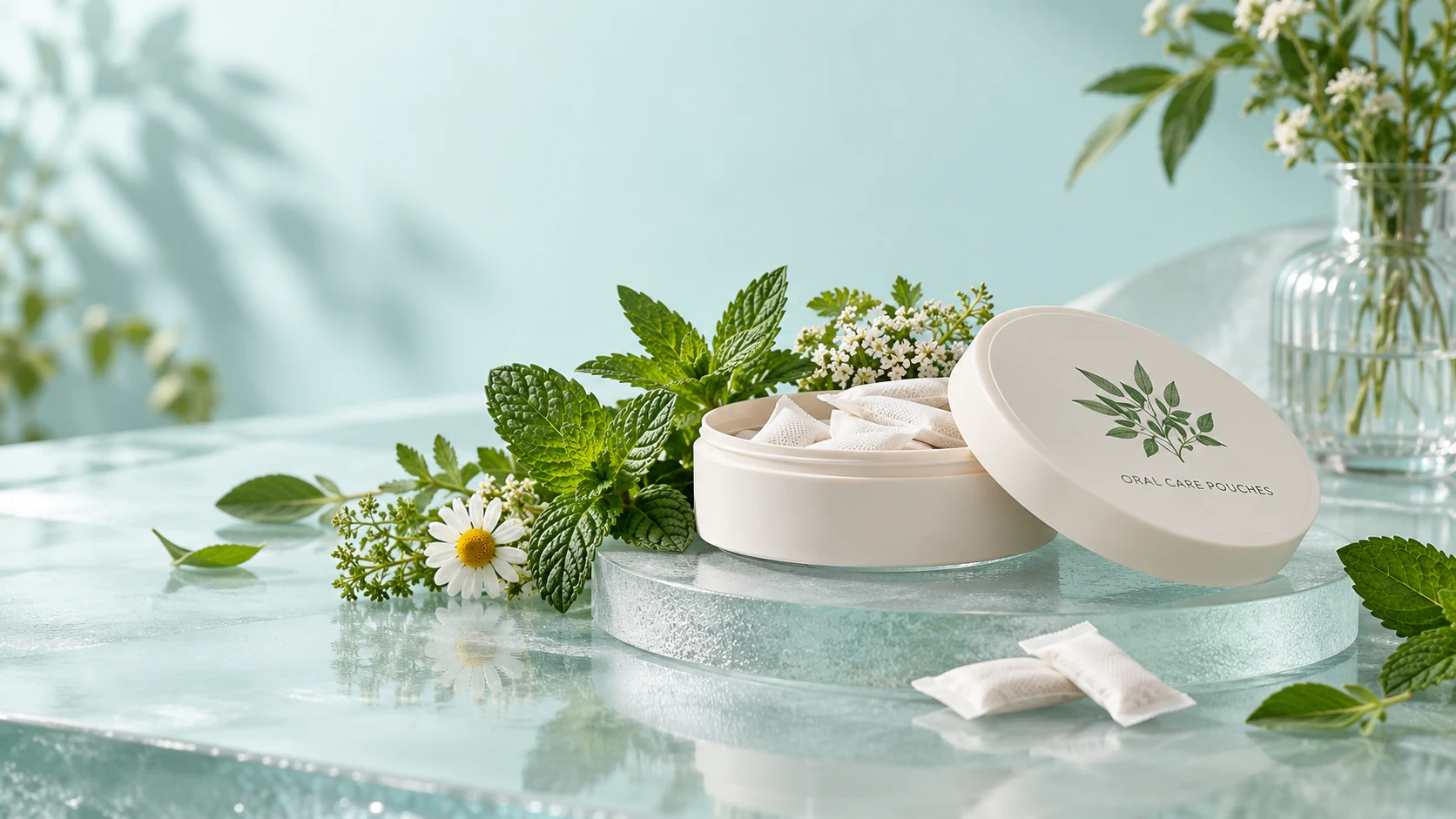 Illustrative herbal oral care pouch sample scene