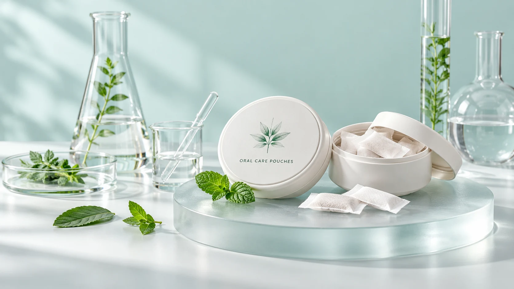 Illustrative probiotic oral care pouch sample scene