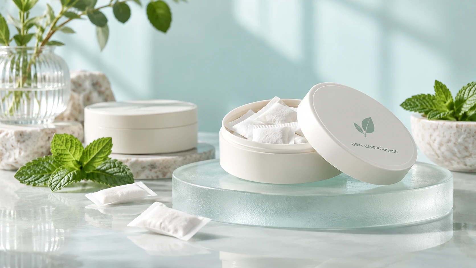 Illustrative teeth whitening oral care pouch sample scene